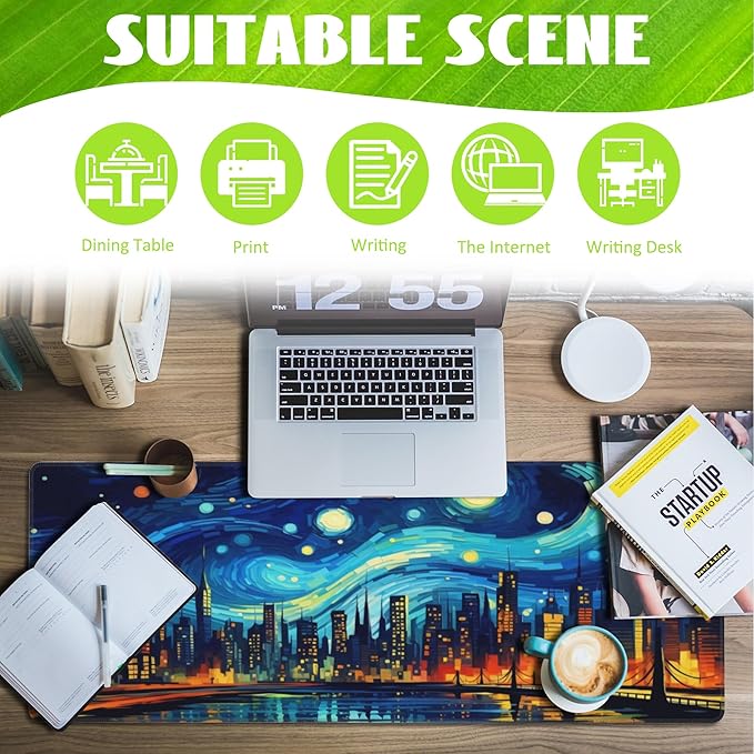 Desk Pad,City Starry Night Desk Mat,Abstract Oil Painting Large Gaming Mouse Pad for Desk,Extended Big Computer Keyboard Mouse Pad with Non-Slip Base and Stitched Edge,31.5"x11.8"