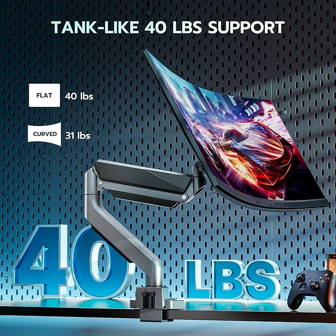 ARES WING Single Monitor Arm, Heavy Duty Adjustable Monitor Arm for 13"-45" Screens with USB, Gas Spring Desk Mount Stand with C Clamp/Grommet Mounting Base up to 40lbs Computer, Gray