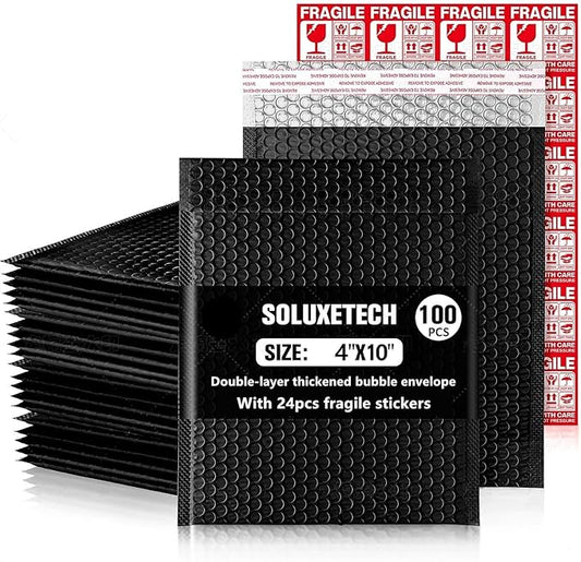 Bubble Mailers 4x10" 100 Pack and 24PCS Fragile Stickers Black Thick Waterproof Padded Poly Envelopes Small Bubble Wrap Mailers Self Seal Shipping Bag for Mailing Jewelry Makeup Small Business#0