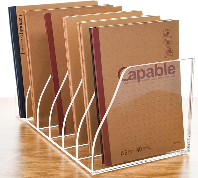 Acrylic Magazine File Holder, 6 Vertical Compartments Desk Document Sorter Organizer, Clear Folder Rack Binder for Office/Home/Classroom, for Documents, Tablet, Magazines, Books & Accessories