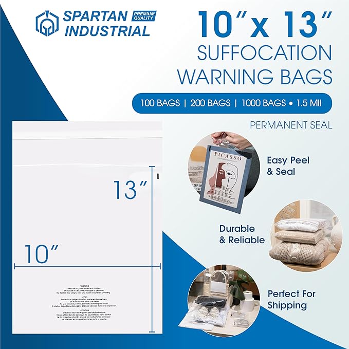 Spartan Industrial - 10" X 13" (1000 Count) Self Seal Clear Poly Bags with Suffocation Warning for Packaging, T Shirts & Shipping - Permanent Adhesive
