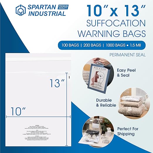 Spartan Industrial - 10” X 13” (100 Count) Self Seal Clear Poly Bags with Suffocation Warning for Packaging, T Shirts - Permanent Adhesive