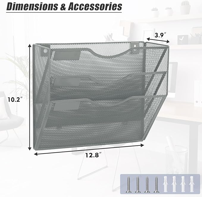 EASEPRES 3 Pocket Mesh Hanging Wall File Organizer, Wall Mounted Mail Paper Document Folder Holder, Clipboard Storage Organization Magazine Rack with Nametag Label for Office Home School, Gray