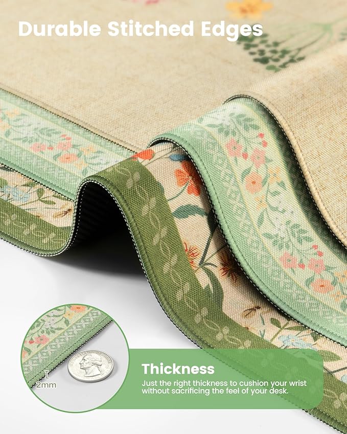 iCasso Desk Cover Mat, Extra Large Floral Mouse Pad, Desk Pad Mat,Office Matt for Desktop Protector, Anti-Slip XXL Big Mousepad with Stitched Edges for Laptop Computer Keyboard(White)