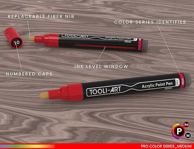 TOOLI-ART 22 Acrylic Paint Markers Paint Pens Pro Color Series Set 3mm Medium Tip for Rock Painting, Glass, Mugs, Wood, Metal, Glass Paint, Canvas, DIY. Non Toxic, Waterbased, Quick Drying (REDS)