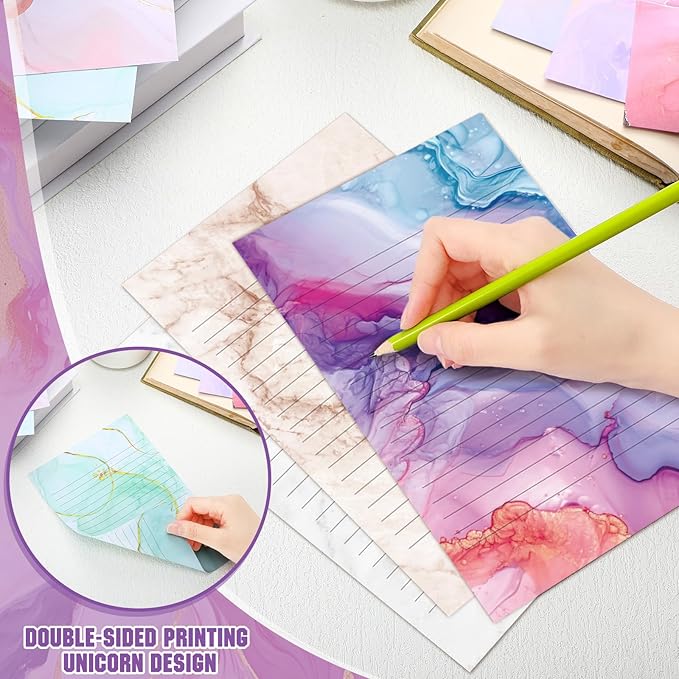 TaoBary 160 Pcs Stationery Paper Set 50 Double Sided Stationery Papers with 50 Matching Envelopes and 60 Round Dot Sticker, 10 Design(Marble,5.5 x 8.25 Inch)