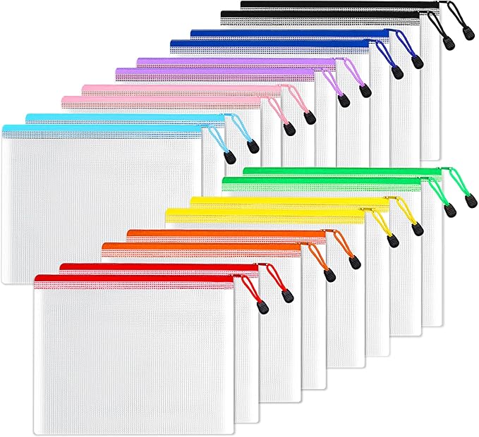 SUNEE Plastic Mesh Zipper Pouch 7x11 in (9 Colors, 18 Packs),Extra Large Water-Resistant Zip Bag for School Office Supplies, Puzzles & Games Organizing Storage