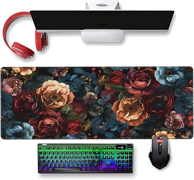 31.5”x11.8”Large Gaming Mouse Pad for Desk, Mouse Mat with Seamed Edges, Waterproof Desk Pad, Non-Slip Rubber Base, Keyboard Pad Computer Mat, Big XL Mousepad-Vintage Chic Rose Flowers
