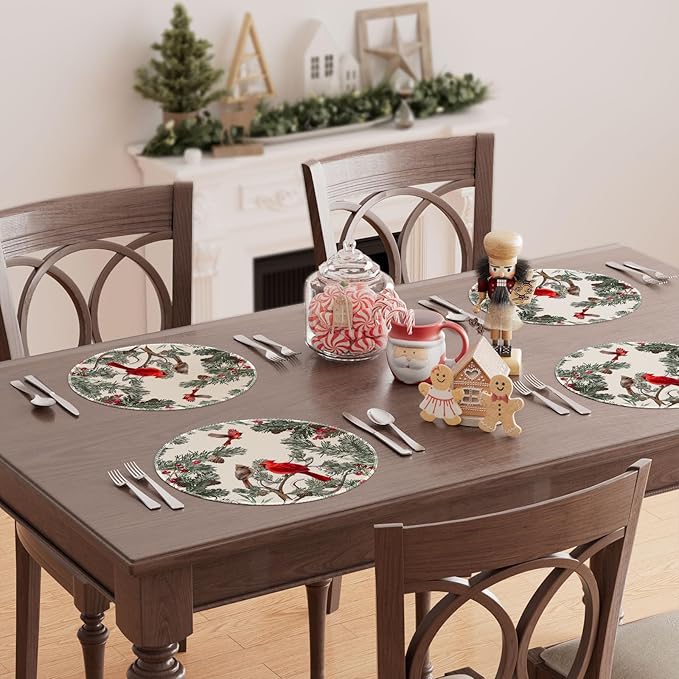 XCHI Cardinal Birds Winter Pine Tree Christmas Xmas Round Placemats Set of 4 Table Mats for Party Home Kitchen Dining Table Decorations 14x14 Inch