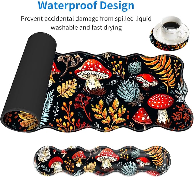 Large Mouse Pad and Keyboard Wrist Rest, Desk Pad for Keyboard and Mouse, 4-in-1 Large Gaming Mouse Pad with Wrist Support, Desk Mat for Home Office Study Game-Vibrant Mushroom and Plant