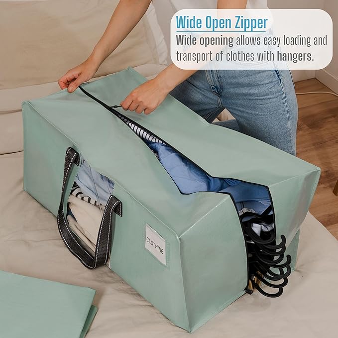 VENO 4 Pack Moving Bags for College, Heavy-Duty Storage Totes, Moving Boxes and Wardrobe Packing Supplies Alternative - Extra Large Durable Laundry Bags for Clothes (Shiny Light Green, 4 Pack)