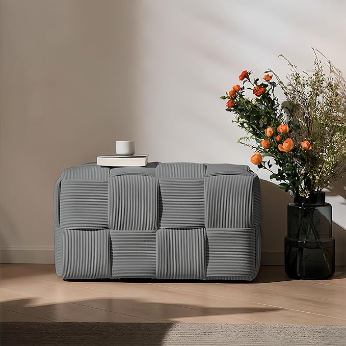 Ottoman Foot Rest Soft and Comfortable Ottoman Square Corduroy Woven Design Sofa Stool (Grey-L)