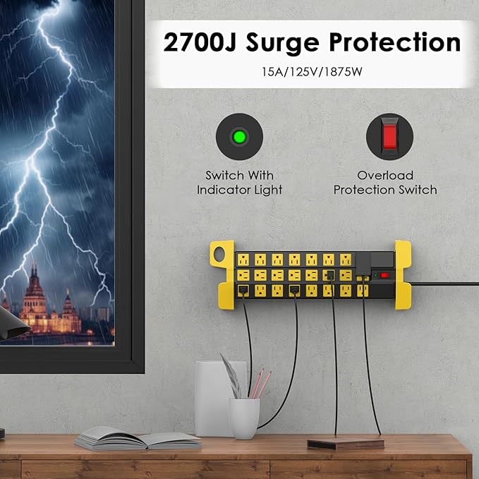 HHSOET Heavy Duty Power Strip with Surge Protection, Industrial Commercial Metal 24 Outlets Wall Mount for Garage Shop, 15 Amp, Switch, 6FT Extension Cord, Black.