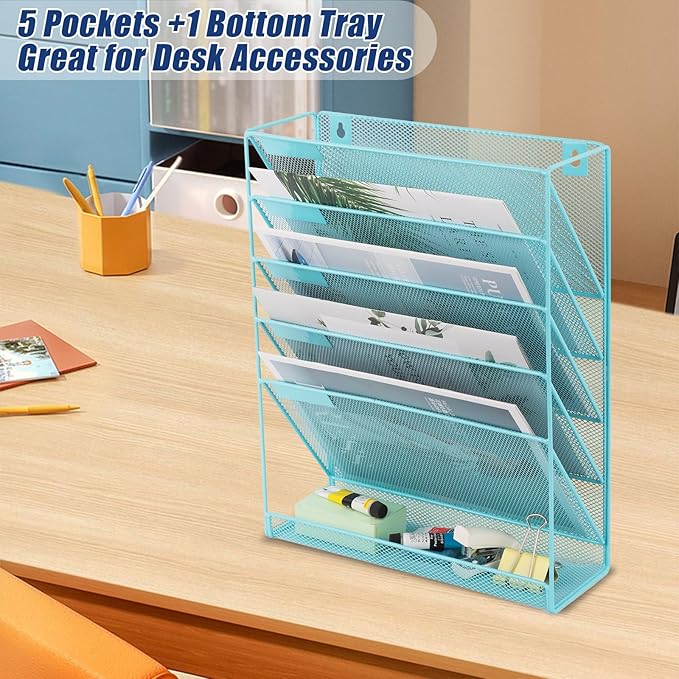 EASEPRES Desk File Organizer Mesh 6-Tier, Hanging Wall Mount Document Organization Stand, Desktop Vertical Mail Paper Folder Holder Rack with Bottom Tray for Office Home Cubicle Countertop, Blue