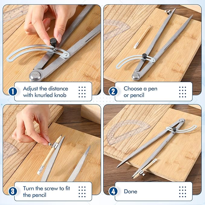 Zonon Professional 12 Inch Large Compass with Wing for Woodworking and 6 Inch Protractor Set, Pencil Compass for Geometry Math Carpenter, Drafting, Drawing Tool
