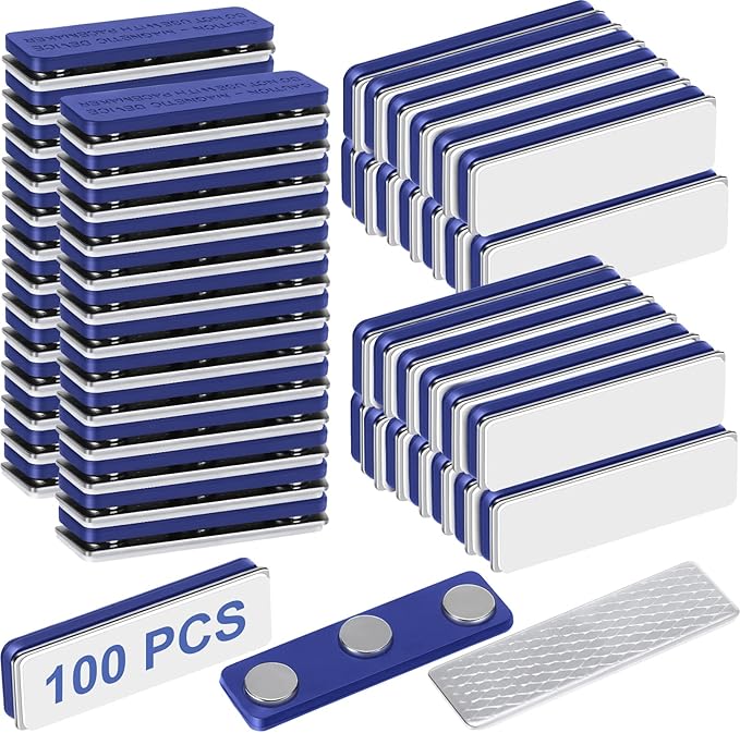 Mtlee 100 Packs Name Tag Magnets Magnetic Name Badge Holders ID Fastener Clip with 3 Neodymium and Adhesive Backing for Uniform Jackets(Navy Blue)
