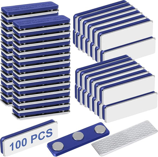 Mtlee 100 Packs Name Tag Magnets Magnetic Name Badge Holders ID Fastener Clip with 3 Neodymium and Adhesive Backing for Uniform Jackets(Navy Blue)