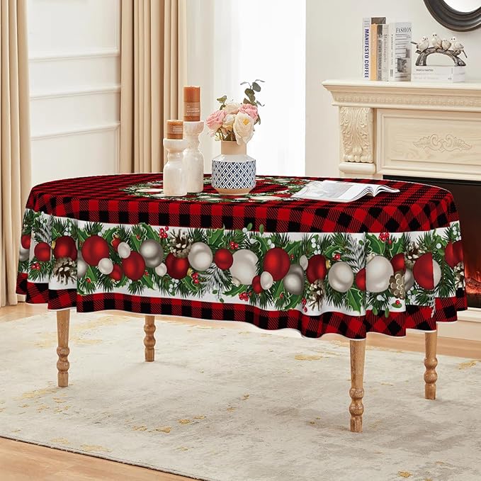 Horaldaily Christmas Tablecloth 60×84 Inch Oval, Christmas Ball Ornaments Red Bufalo Plaid Washable Table Cover for Party Picnic Dinner Decor