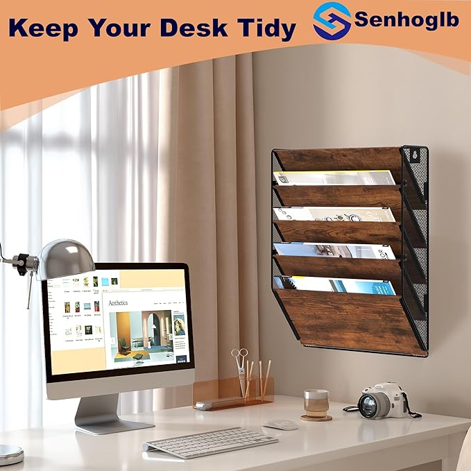 Metal Wall File Holder Organizer, 5-Tier Mesh Hanging Wall File Organizer, Magazine Rack With Pockets, Wood Document Holder for Office Home, Brown