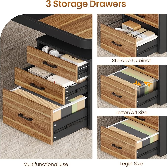 Itaar 70.9" Executive Desk, Large Computer Desk with Drawers and Lateral File Cabinet, Office Desk with Removable Shelves, Business Furniture Desk Workstation for Home Office, Light Walnut