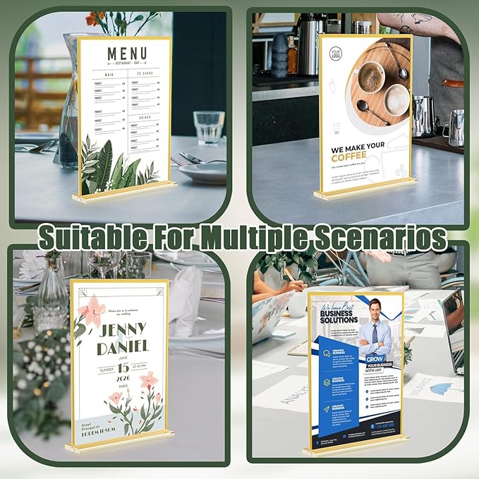 Acrylic Sign Holder 8.5 x 11,9 Pack Clear Sign Holder Double Sided Gold Table Menu Vertical Desktop Display Stand Paper Flyer Holder Tabletop Sign Holder Suitable for Restaurants, Office, Store,Hotels