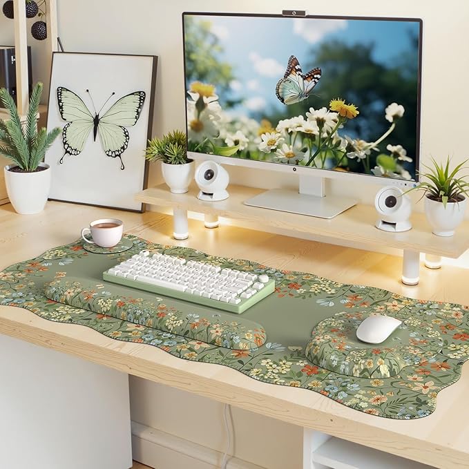iLeadon Desk Mat Set, Desk Mat with Wrist Support Stitched Edges, Large Mouse Pad with Wrist Rest, Mouse Pad for Computer Keyboard Home Office Women (Green)