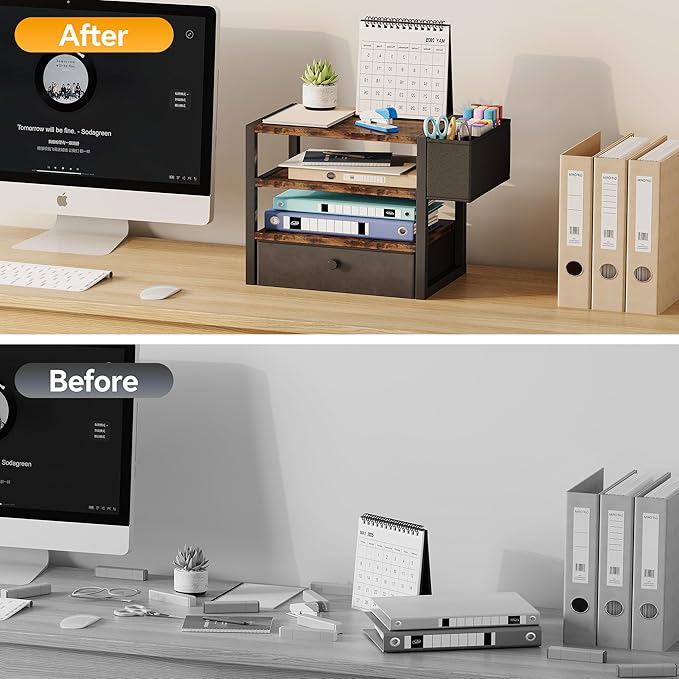 Desk Organizers and Accessories, 4-Tier Paper Letter Tray File Organizer with Fabric Drawer & 3 Pen Holder, Office Desk Accessories Workspace Desktop Organizer for Office Supplies, Rustic Brown