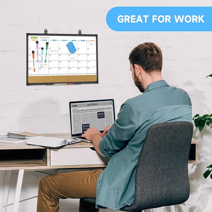 JILoffice Magnetic Calendar Whiteboard & Bulletin Corkboard Combination, Monthly Combo Board 17 x 13 Inch, Black Aluminum Frame Wall Mounted Board for Office Home and School