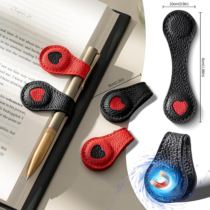2Pcs Magnetic Leather Bookmarks with Gift Box, Magnetic Pen Holder Book Marks Clip Gift for Book Lover Readers Men Women Teachers Students, Heart Bookmarks