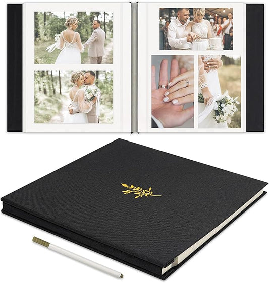 Self Adhesive Photo Album, Black Scrapbook Album with DIY 40 Blank Pages, Wedding Photo Album with A Metallic Pen for 4x6 5x7 2x3 Pictures, 10.6"x11"