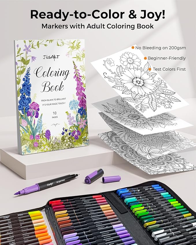 JusArt Markers for Adult Coloring Books No Bleeding, Coloring Markers with Dual Tips, Fine & Brush Pens with Ergonomic Triangle Grip & 33% More Ink, Water-Based Art Drawing Set for Adults, 60 Colors
