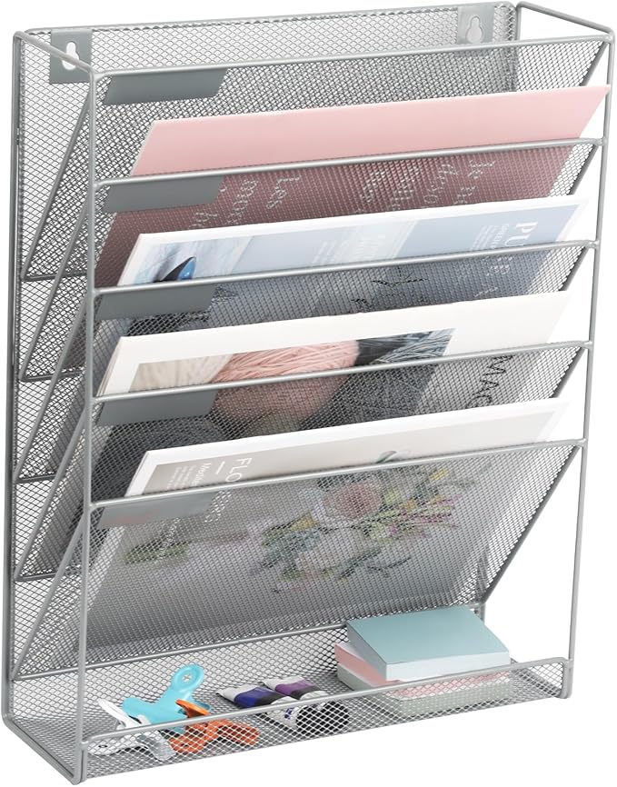 EASEPRES Desk File Organizer Mesh 6-Tier, Hanging Wall Mount Document Organization Stand, Desktop Vertical Mail Paper Folder Holder Rack with Bottom Tray for Office Home Cubicle Countertop, Gray