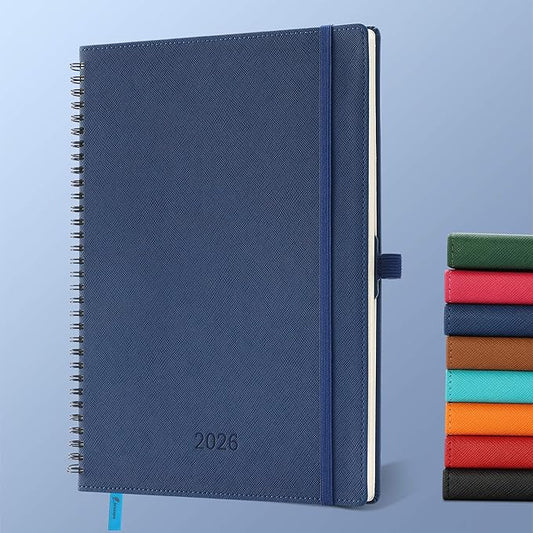 Planner 2026 Daily Weekly and Monthly,11.5"x8.5",12 Months Spiral Bound Calendar Agenda with Self-adhesive Pen Holder,2026 Appointment Book with Vegan Leather Soft Cover,Blue