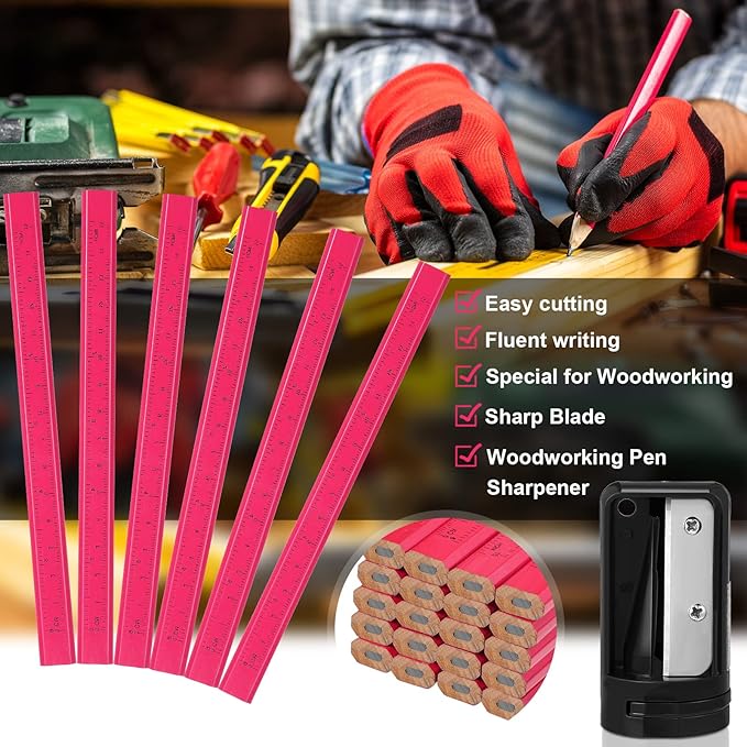Honoson 200 Pcs Flat Construction Pencils with Printed Ruler Wood Graphite 2 Pcs Carpenter Pencil Sharpener for Woodworking Marking Tool(Pink)