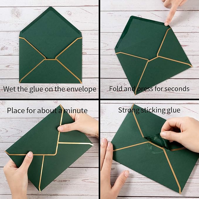100 Pack A7 Envelopes 5 x 7 Card Envelopes V Flap with Gold Border for Office, Wedding Gift Cards, Invitations, Graduation, Baby Shower, Parties (5.32 x 7.28 Inches, Dark Green)