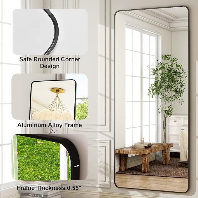 HARRITPURE 71x32 inch Rounded Full Length Mirror Aluminum Frame Black Mirror Full Length Floor Mirror with Stand for Living Room Bedroom Cloakroom
