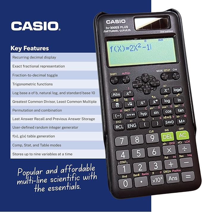 Casio fx-300ES Plus 2nd Edition – Standard Scientific Calculator | 262 Functions, Natural Textbook Display℠ | Ideal for Middle School, High School Math, Statistics & Algebra | Black