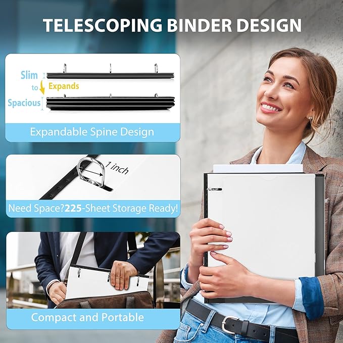 WOT I 1 Inch Telescoping 3 Ring Binder 4 Pack, Expandable Flexible Binder with Customizable Front Cover & Clear Catalog Pocket, Holds 225 Sheets, School Office Supplies, White