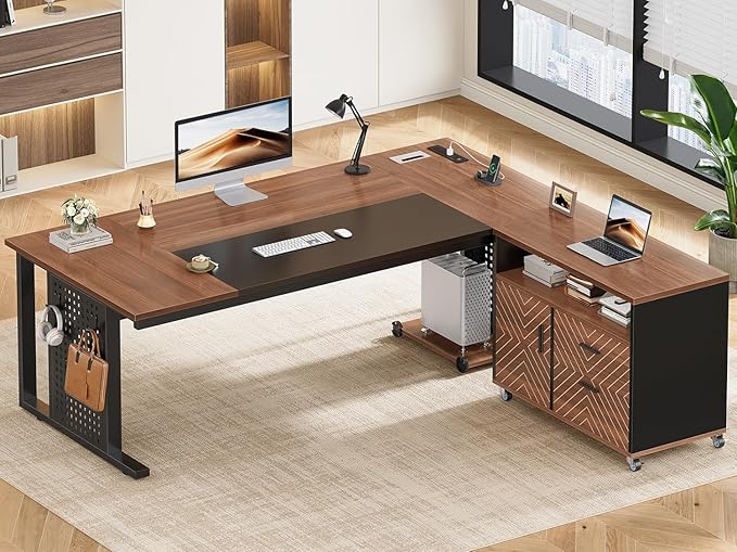 SEDETA 71" Executive Desk with Rolling File Cabinet, Large Office Desk with Drawers, L Shaped Computer Desk with Power Outlets, CPU Stand, Pegboard and Storage Shelves, Brown