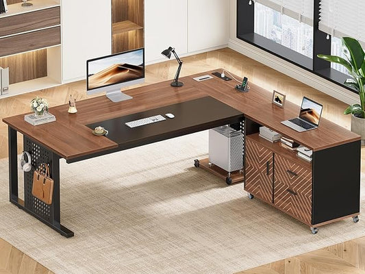 SEDETA 71" Executive Desk with Rolling File Cabinet, Large Office Desk with Drawers, L Shaped Computer Desk with Power Outlets, CPU Stand, Pegboard and Storage Shelves, Brown