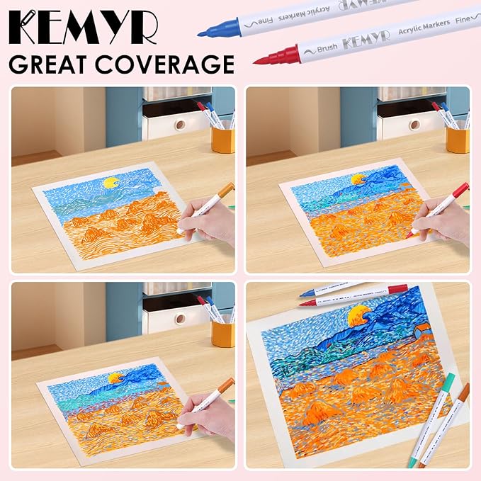 72 Colors Brush & Fine Tip Acrylic Paint Pens, Dual Tip Acrylic Paint Markers for Paper, Wood, Canvas, Stone, Rock, Glass, Fabric, DIY, Ceramic, Art Supplies for Kids and Adults Drawing