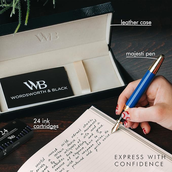 Wordsworth & Black Majesti Fountain Pen-(Blue), Luxury Case, 24K Gold Finish; 18K Gilded Medium Nib- Ink Cartridges, Refillable Ink Converter-Calligraphy Pen-Best Business Gift Set for Men & Women