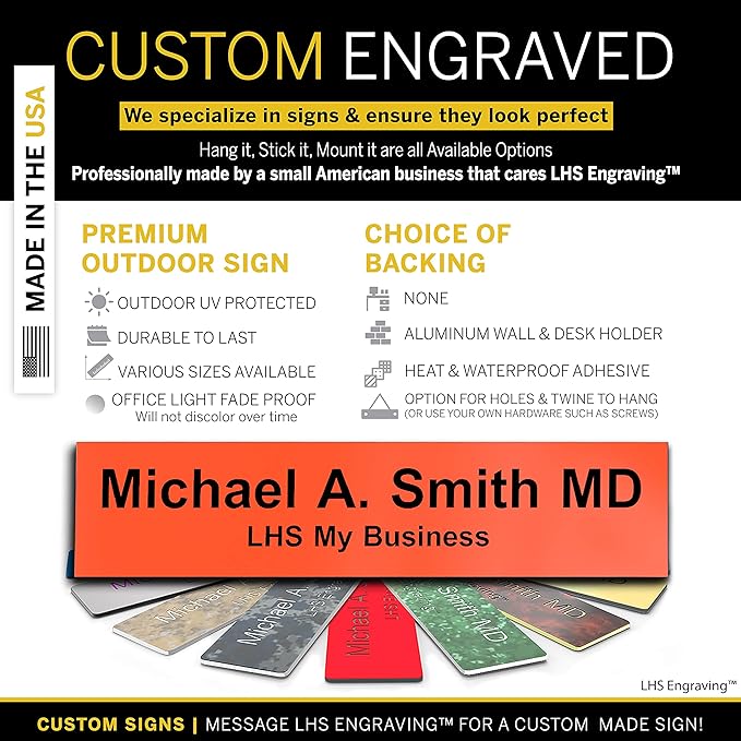 Engraved Door Signs for Office Personalized Orange Plastic Door Plaque Black Letters - Made in USA 2x10 B11