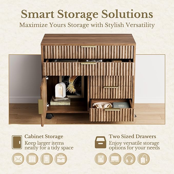 Fluted File Cabinet with 5 Drawers, Large Storage with Cabinet Door, Mobile Filing Cabinet with Locable Wheels for Home Office, Black Walnut