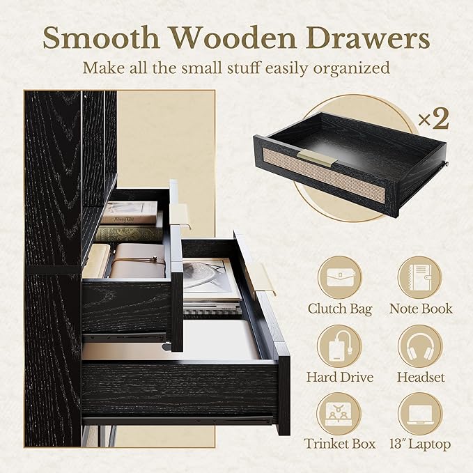 Bookshelf, Bookcase with Doors and 2 Drawers, Rattan Tall Bookshelf with 4-Tier Storage Shelves, 73 inch Wooden Book Shelf for Home Office, Living Room, Black