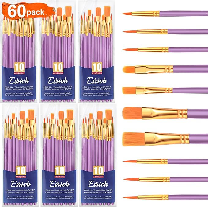 ESRICH Paint Brush Set,6 Packs 60 Pcs Nylon Hair Paint Brushes for Acrylic Painting,Artist Paintbrushes for Acrylic,Oil,Watercolor Painting,Face Nail Art,Paint Brushes for Kids,Purple