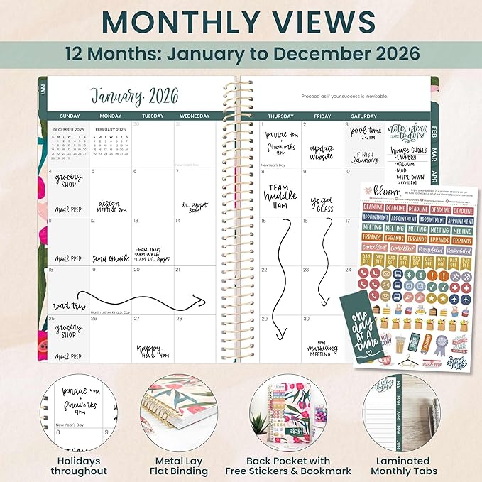 bloom daily planners 2026 Planner (January - December) Calendar Year Organizer - 5.5” x 8.25” - Weekly & Monthly Agenda Book with Stickers & Bookmark - Pink Poppies