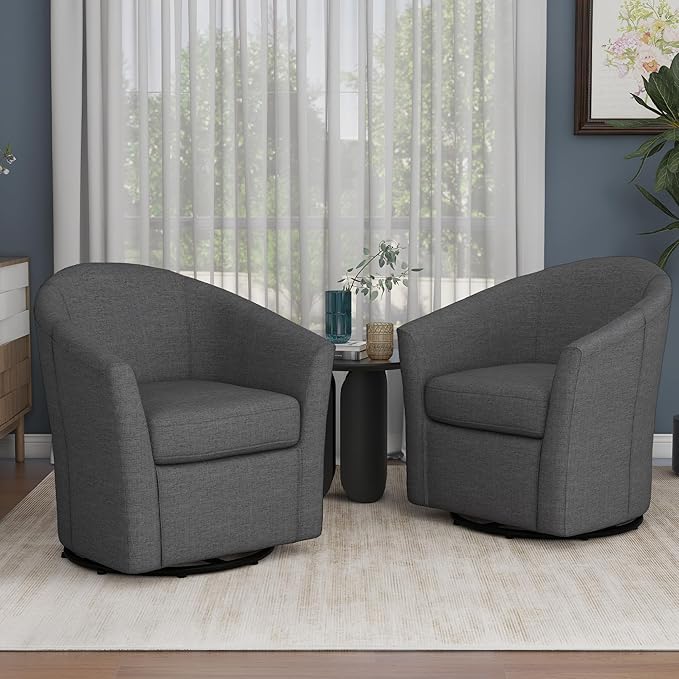 UIXE 360° Swivel Barrel Accent Chairs Set of 2, Modern Round Arm Chair Upholstered Club Armchair, Single Sofa Seating in Fabric for Living Room, Bedroom (Dark Grey)