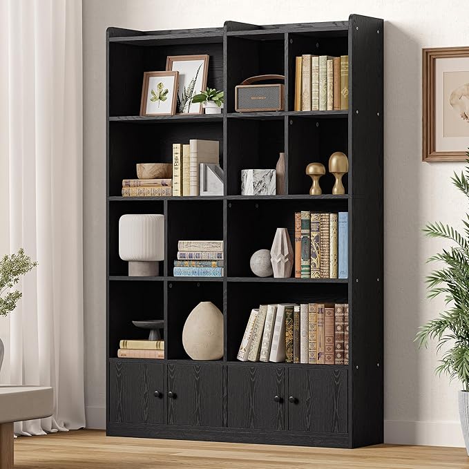 IRONCK Bookshelves and Bookcase, 6 Tiers Large Bookshelf with 4 Doors, Floor Standing Tall Display Storage Shelves for Home Office, Living Room, Bedroom, Black