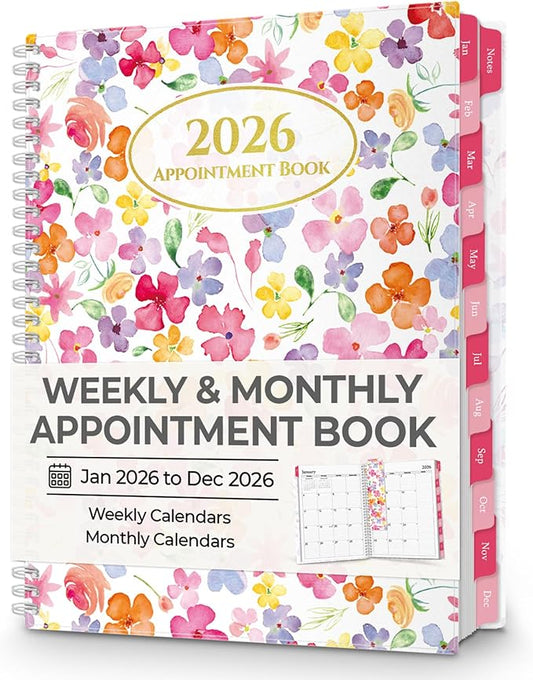 CRANBURY Daily Planner 2026, 8.5x11 Appointment Book, Jan to Dec 2026, 15-Min Hourly Scheduler, Large Planner Book with Colorful Tabs, Premium Paper (Blossoms)